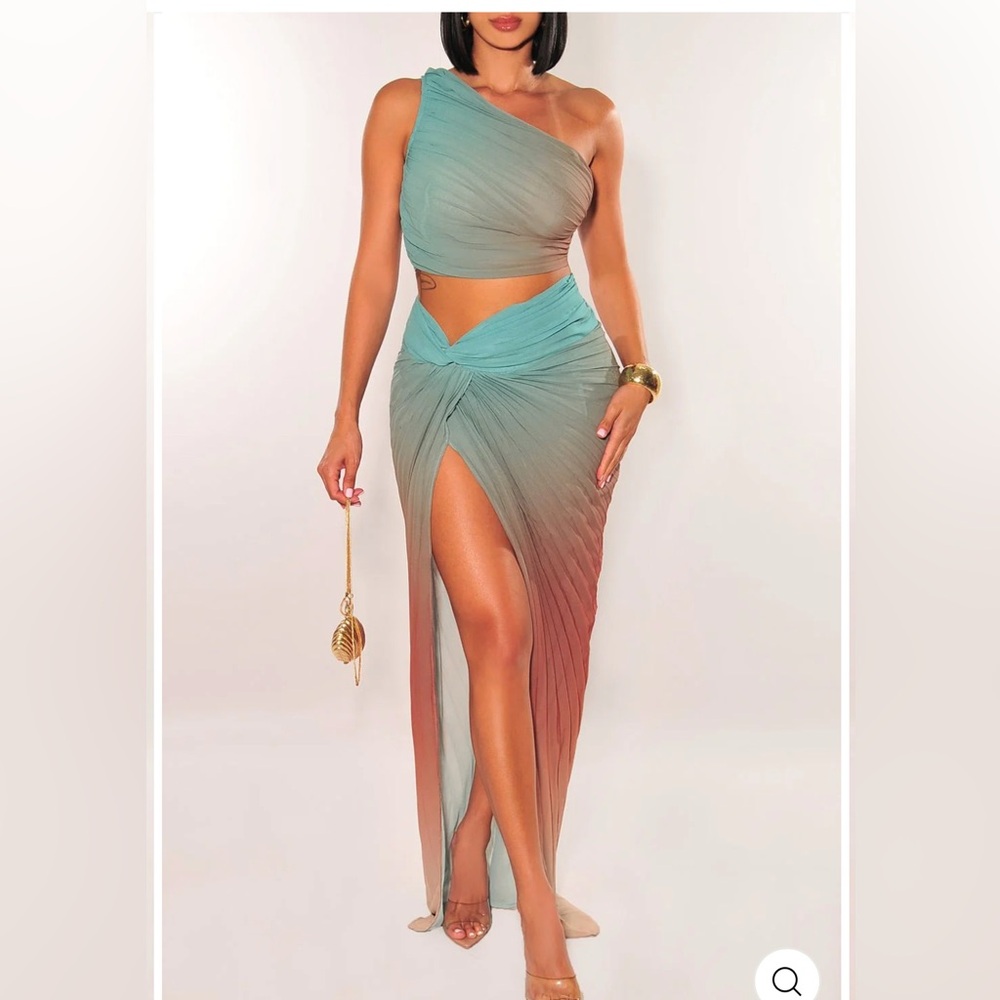 MINT OMBRE ONE SHOULDER PLEATED KNOT SLIT SKIRT TWO PIECE SET